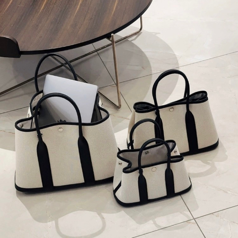 經典款頭層牛皮拼帆布花園包(36cm)